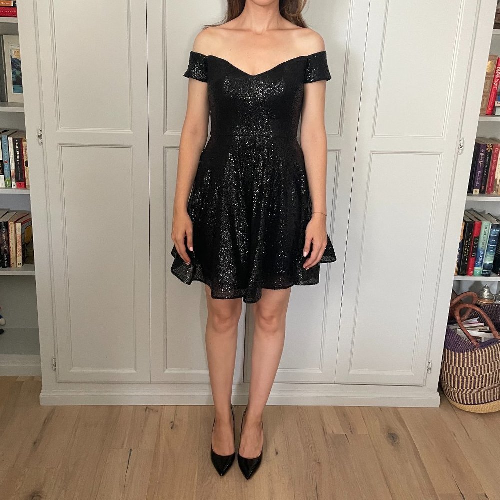 Black sequin off the shoulder dress